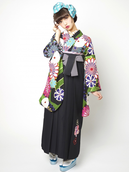 hakama00148]緑黒の縞と紫ピンク白水色菊桜 | レンタル振袖・レンタル 